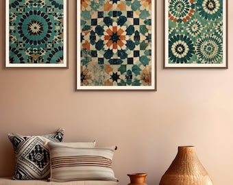 Moroccan Tile Wall Art Set of 3, Mediterranean Wall Decor, Blue Terracotta Mosaic Prints, Boho Geometric Wall Art, Digital Download