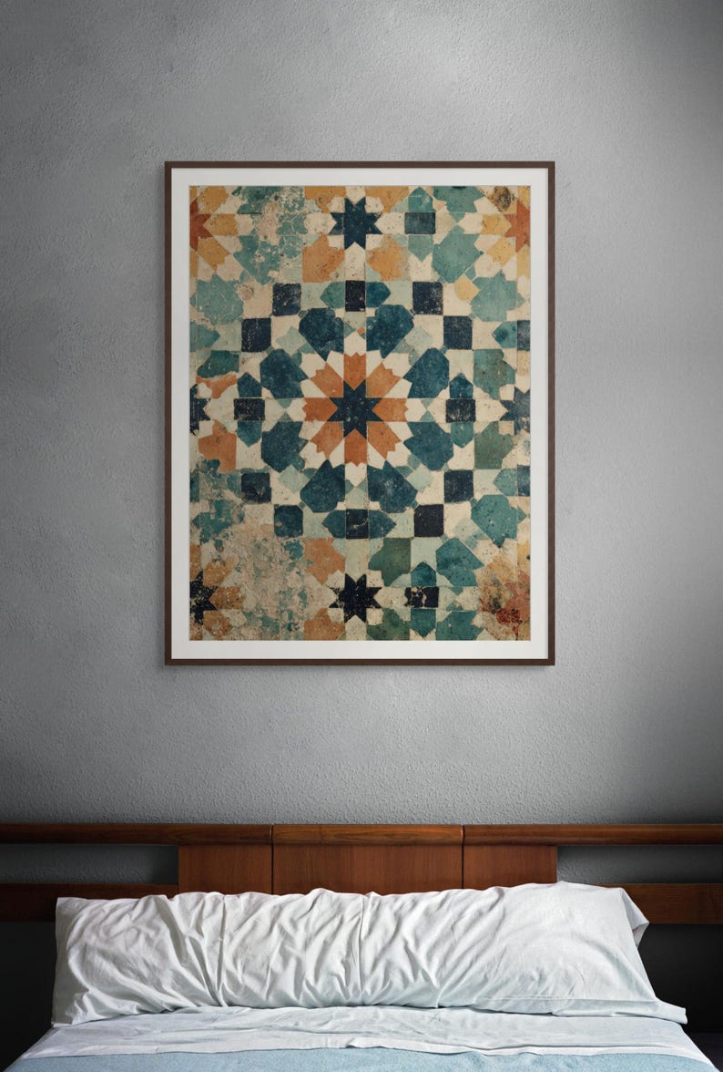 Teal & Gold Moroccan Mosaic Art Print, Geometric Tile Pattern (digital ...