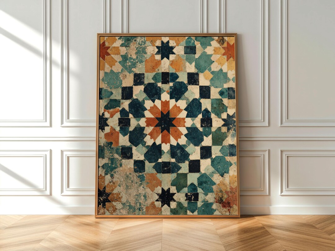 Teal & Gold Moroccan Mosaic Art Print, Geometric Tile Pattern (digital ...