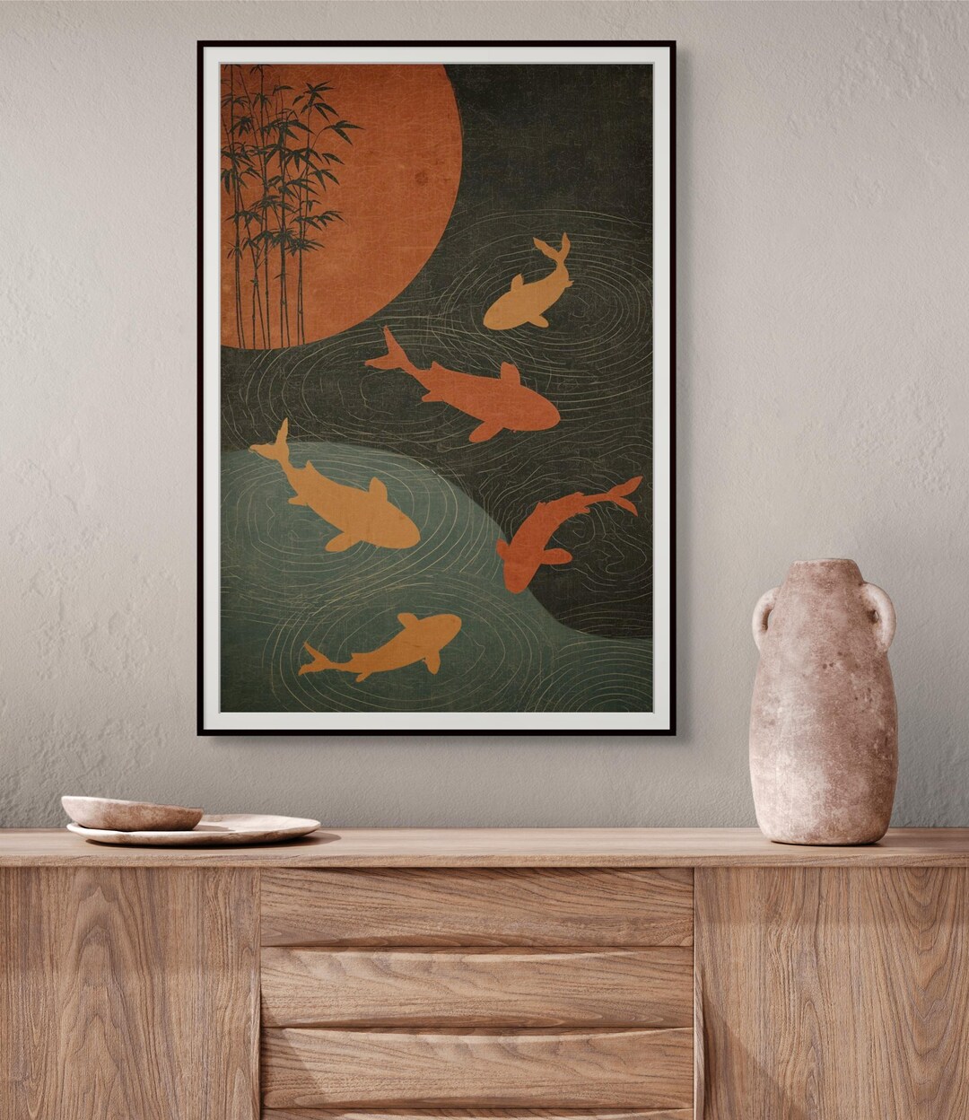 Koi Fish Wall Art, Japanese Zen Print, Minimalist Bamboo Decor (digital ...