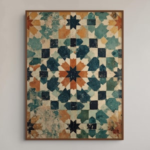 May include: A rectangular wall art print featuring a geometric tile pattern with a weathered, distressed texture. The design consists of repeating star and polygon shapes in shades of teal, dark blue, cream, and burnt orange, enclosed in a brown frame.