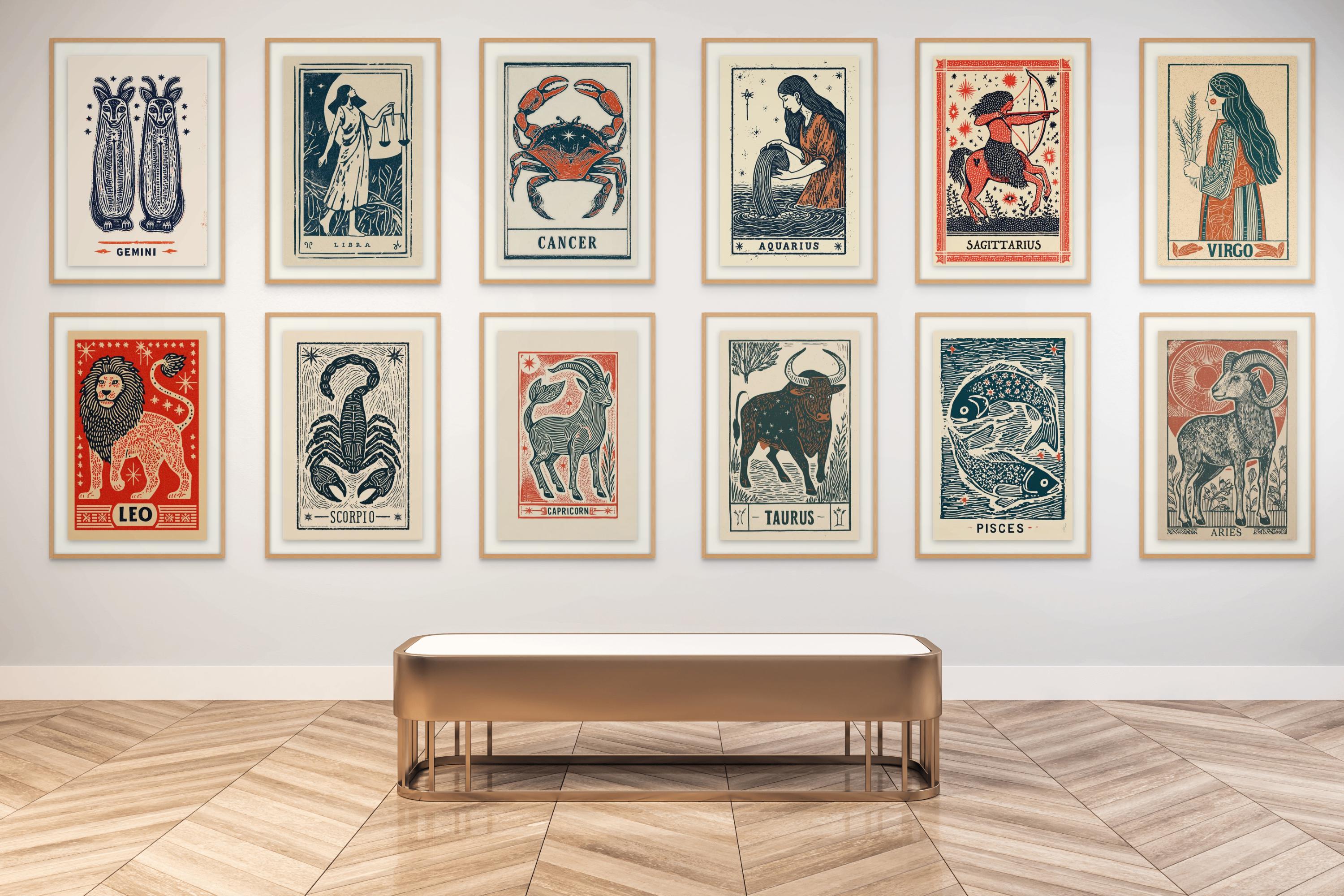 Zodiac Wall Art Bundle | Vintage Linocut Astrology Star Signs (digital ...