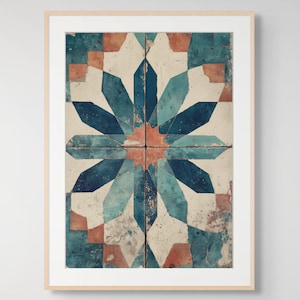 Moroccan Tile Wall Art Print, Vintage Zellige Pattern, Mediterranean Wall Decor, Teal  Geometric Art, Printable Wall Art, Digital Download