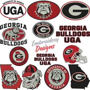 May include: A collection of embroidered patches featuring University of Georgia Bulldogs logos, including bulldog heads, the letter G, football helmets, and the state of Georgia outline in red, black, white, and grey with the text Embroidery Designs.
