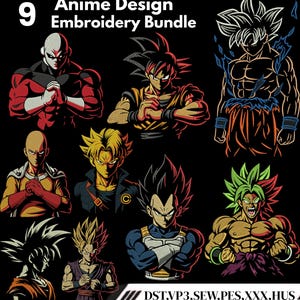 May include: An Anime Design Embroidery Bundle featuring nine different character designs. The characters are depicted in various poses and colors, with bold outlines and detailed shading. The text "Anime Design Embroidery Bundle" is at the top.