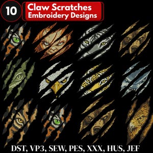 May include: A black background features ten claw scratch embroidery designs. Each design showcases a different animal eye or face peeking through torn fabric. The text "10 Claw Scratches Embroidery Designs" is at the top.