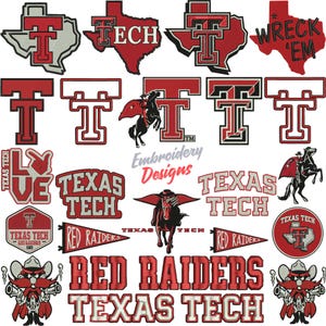 May include: A collection of Texas Tech Red Raiders embroidery designs featuring the double T logo, the masked rider on horseback, pennants, and the mascot in red, black, white, and grey. Text includes Texas Tech, Wreck 'Em, and Red Raiders.