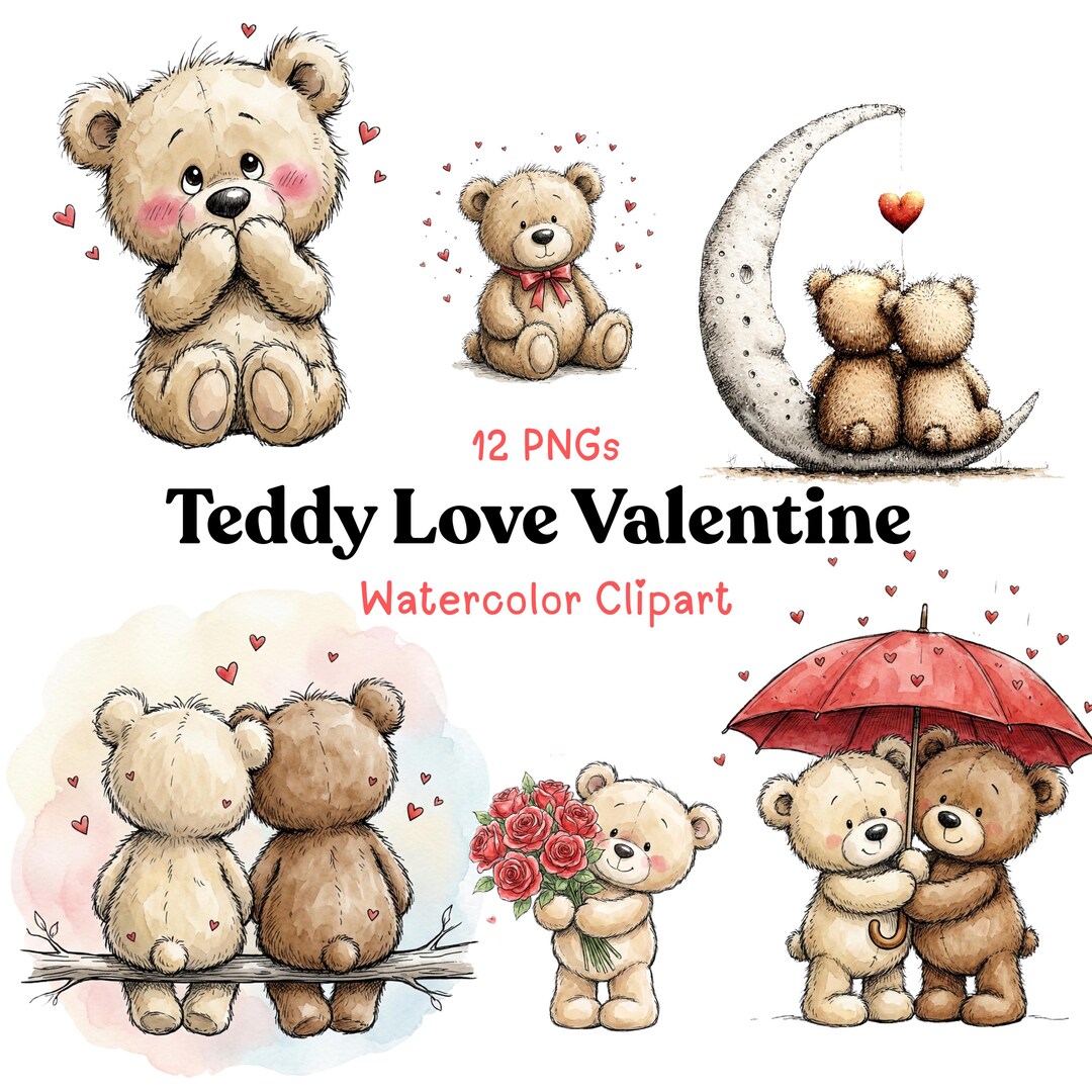 Watercolor Teddy Bear Clipart Bundle, Valentine's Day PNG (digital ...