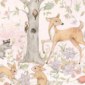 May include: A whimsical fabric design featuring a detailed illustration of a forest scene. The artwork includes a tree with squirrels, birds, and a deer, along with rabbits, flowers, and a raccoon. The color palette is soft, with pinks, greens, and browns.