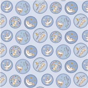 Guess How Much I Love You Cotton Fabric Blue Badges Clothworks
