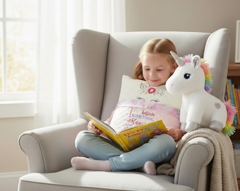 May include: A white plush unicorn toy with a rainbow mane and tail, sitting next to a cream-colored pillow featuring a unicorn face graphic and the text I believe in something magical, while a book is held open in front of the pillow.