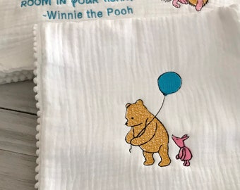 Winnie the Pooh and Piglet Muslin Swaddle Blanket and Burp Cloth Gift Set embroidered baby shower gift