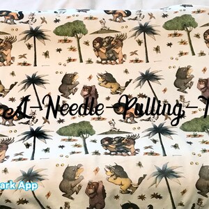 May include: White fabric with a repeating pattern of green trees, brown and yellow creatures, and white butterflies. The text "Sourced A Needle Pulling Thread" is printed in black across the center of the fabric.