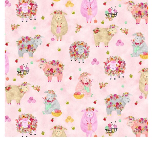 Knitting Goddess Knitting Sheep Pink Fabric Timeless Treasures