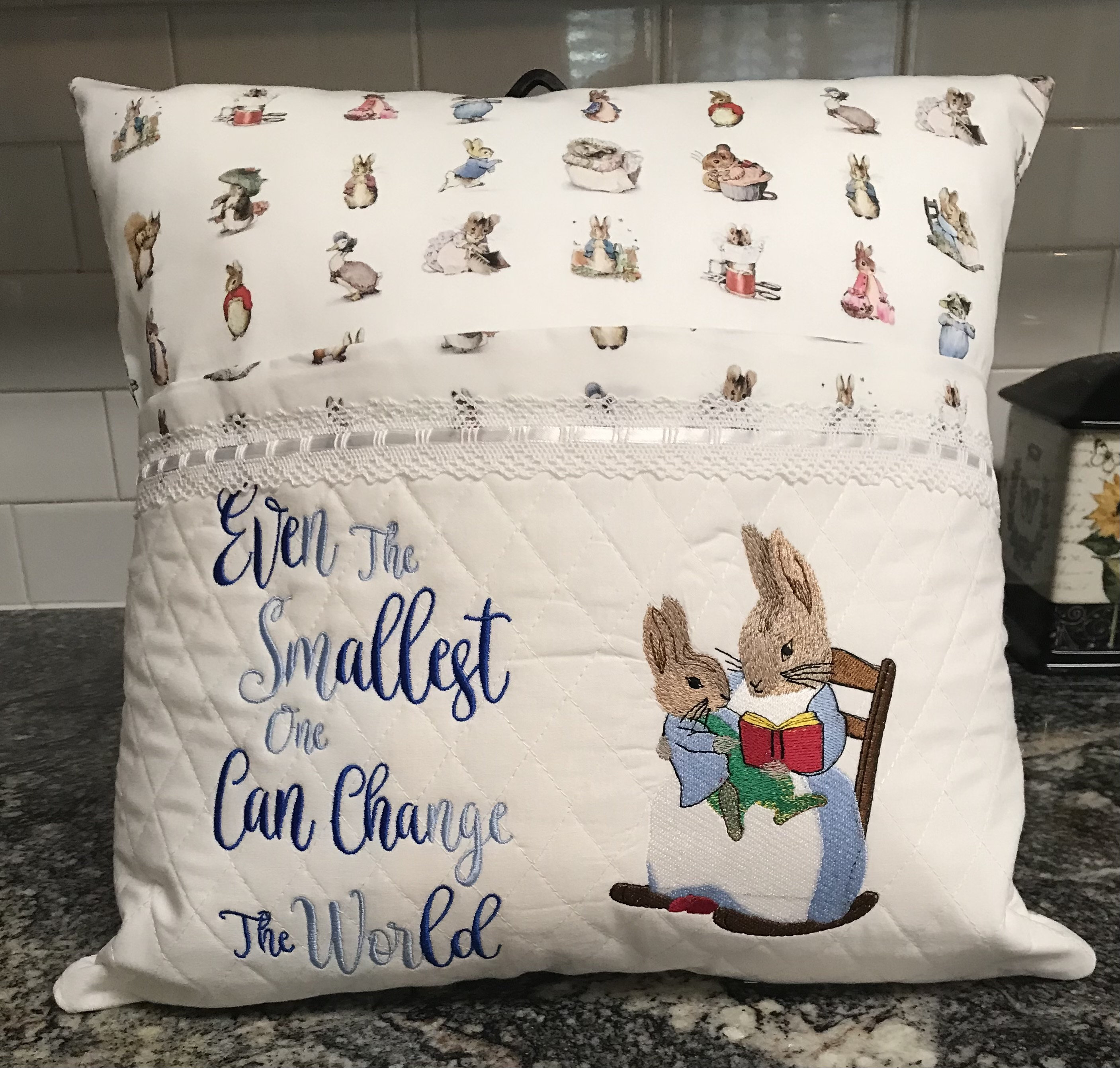 Whimsical Beatrix Potter Reading Pillow with Embroidered Design