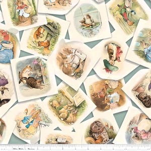 May include: A collection of vintage-style illustrations featuring Peter Rabbit and other characters from Beatrix Potter's stories. The illustrations are printed on a white background with a light blue border. Each illustration is framed in a white rectangle.