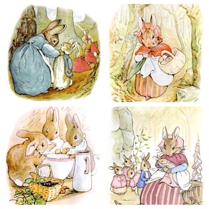 May include: A vintage illustration of four scenes featuring rabbits. The first scene shows a rabbit in a blue dress helping another rabbit put on a red jacket. The second scene shows a rabbit in a red hooded dress carrying a basket. The third scene shows three rabbits washing dishes. The fourth scene shows a rabbit in a red hooded dress holding a baby rabbit while three other rabbits stand nearby.