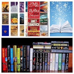 May include: A collection of various book covers including titles like Me Before You, The Girl on the Train, and numerous John Grisham novels. The image features a display of multiple book spines arranged on a shelf and a book with floating letters.