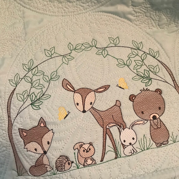 Woodland Forest Animals Baby Quilt Embroidered