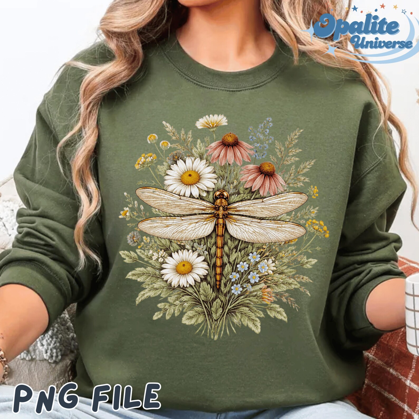 Vintage Dragonfly Floral PNG, Botanical Cottagecore Sublimation Design ...
