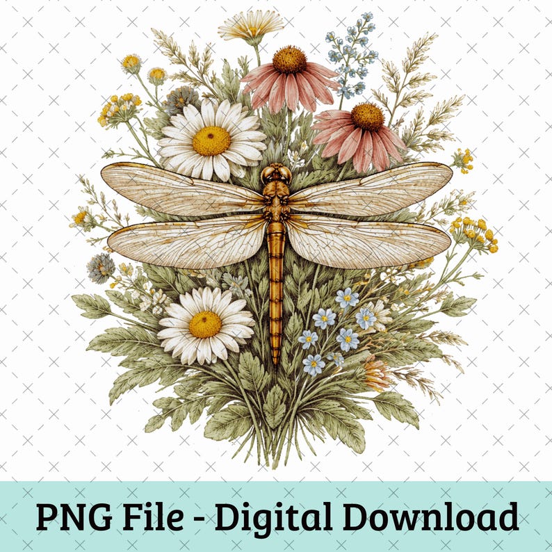 Vintage Dragonfly Floral PNG, Botanical Cottagecore Sublimation Design ...