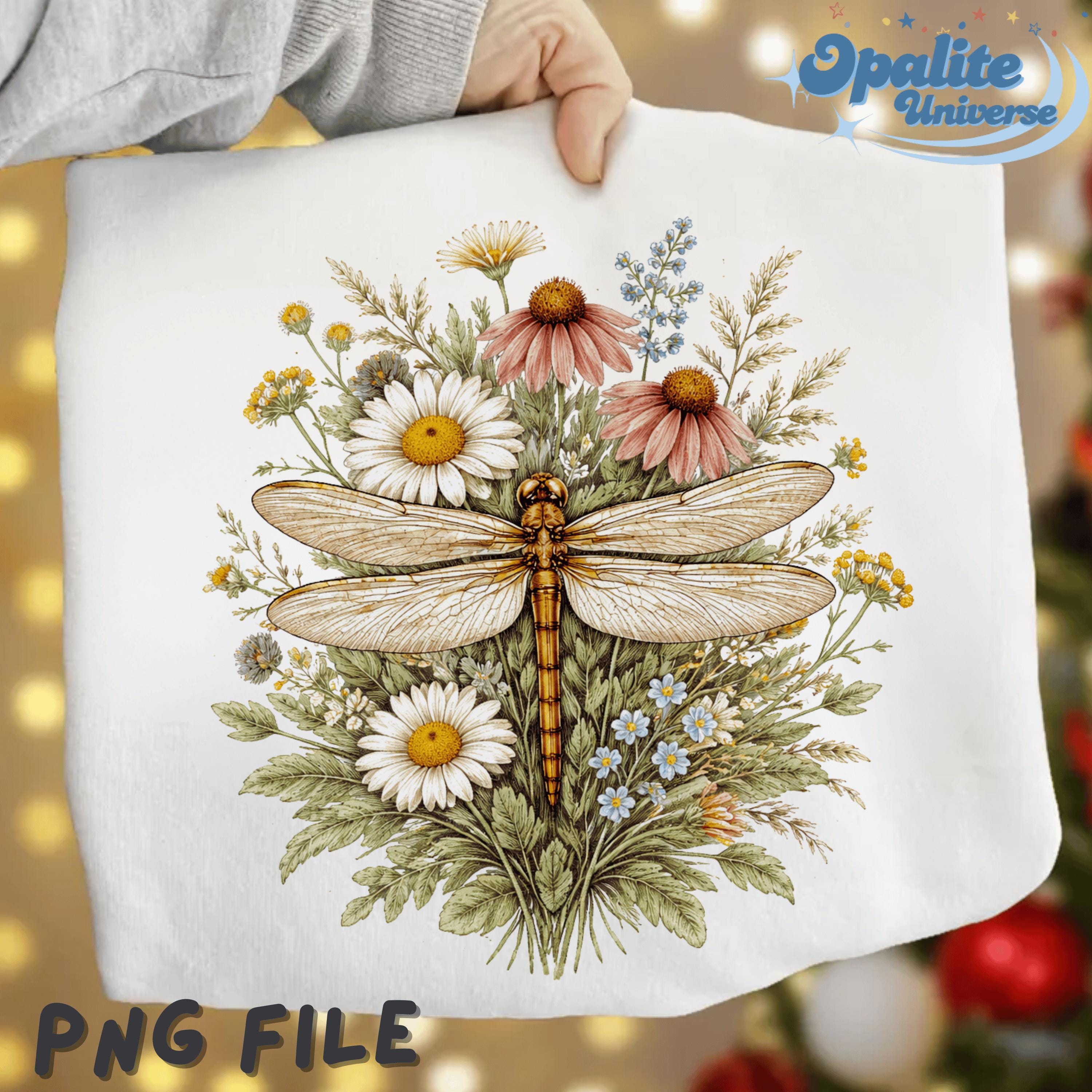 Vintage Dragonfly Floral PNG, Botanical Cottagecore Sublimation Design ...