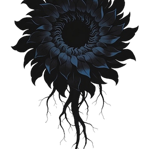 May include: A stylized illustration of a black sunflower with dark blue accents. The flower's petals and center are detailed, with roots extending downwards. The artwork is set against a white background.