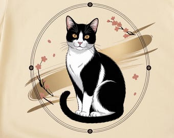 Japanese Ink Cat T-Shirt | Sakura Frame, Japan Style Tee, Minimalist Wall Art, Instant Download