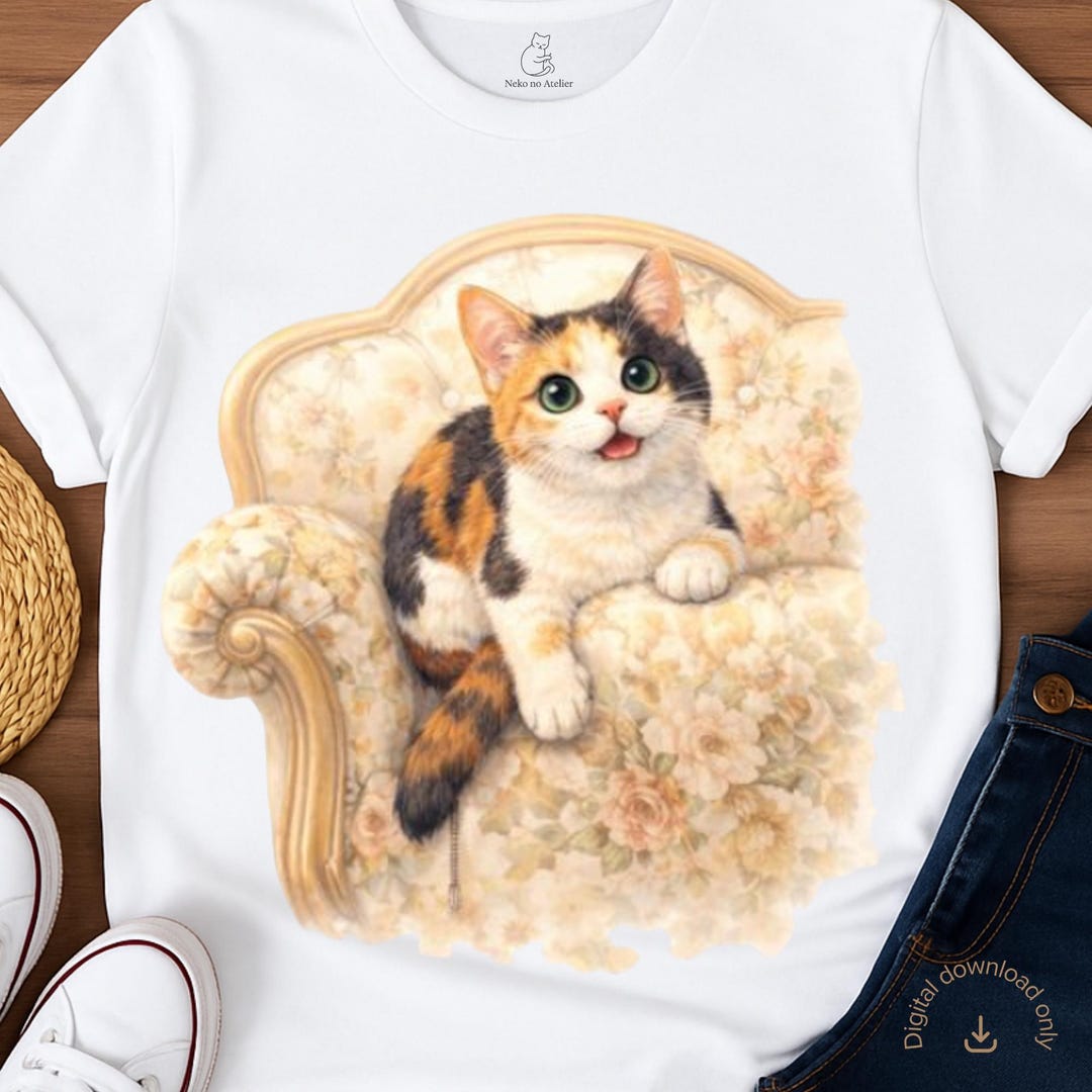 Calico Cat on Floral Armchair, Cottagecore Watercolor Art (digital ...