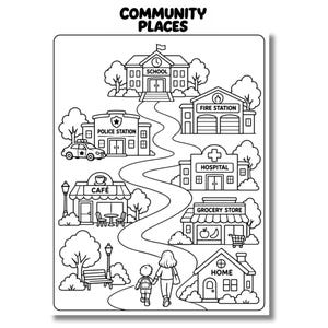 Könnte beinhalten: Eine schwarz-weiße Malvorlage mit dem Titel COMMUNITY PLACES, die einen gewundenen Pfad zeigt, der eine Schule, eine Polizeistation, eine Feuerwache, ein Krankenhaus, ein Lebensmittelgeschäft und ein Wohnhaus verbindet. Ein Kind und ein Erwachsener gehen.