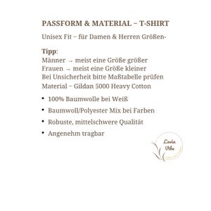 May include: Text on a white background details the fit and material of a T-shirt. The text includes information about the unisex fit, material composition, and care instructions. The brand logo is in the bottom right corner.