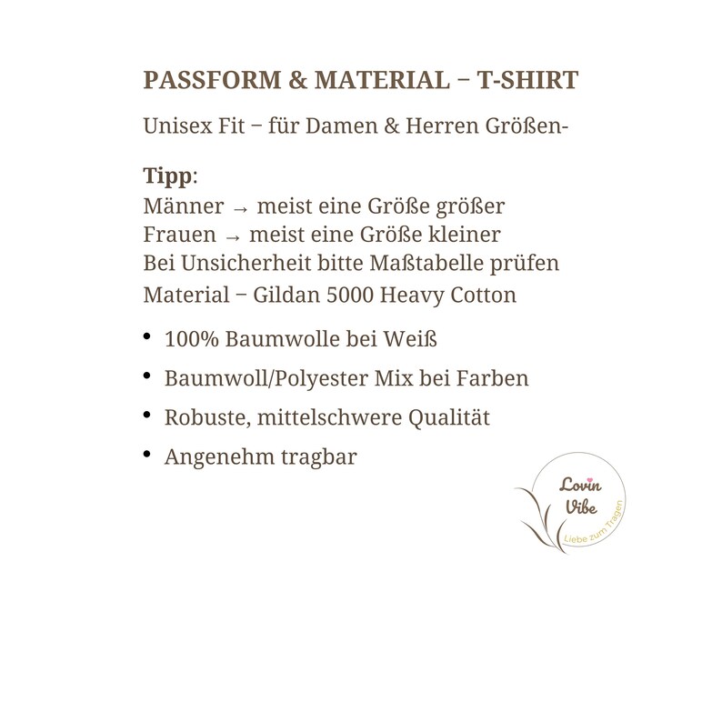 May include: Text on a white background details the fit and material of a T-shirt. The text includes information about the unisex fit, material composition, and care instructions. The brand logo is in the bottom right corner.