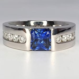 Mens Blue Sapphire Diamond Band- Wedding Band -Solid Gold or Sterling Silver
