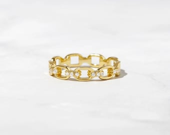Gold or Sterling Silver Chain Link Ring- Lab Grown or Moissanite Diamond