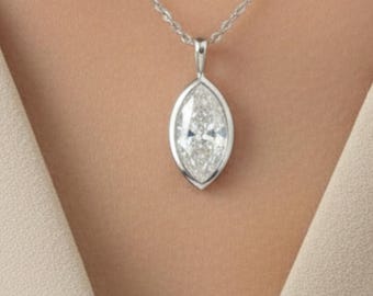 Marquise Moissanite Gold Bezel Pendant Necklace – Elegant Minimalist Charm Jewelry for Women, Dainty Gift for Her, Everyday & Formal Wear