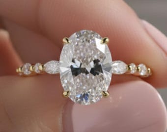 2CT Oval Moissanite Engagement Ring, 14k Gold with Marquise & Round Stones, Anniversary Gift for Wife, Elegant Jewelry