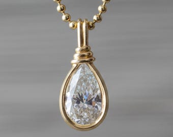 Bezel Set Moissanite Pendant 2.00 Ct Pear Cut Moissanite Pendants For Woman Pear Moissanite Charm 14k Yellow Gold Diamond Pendant For Woman