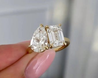 3 CT Yellow Gold Toi Et Moi Engagement Ring | Pear and Emerald Cut Moissanite | Vintage Two-Stone Ring | Unique Bridal Jewelry