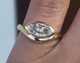 1.5 CT Marquise Diamond Ring | East-West Bezel Set Pinky Ring | Low Profile Dainty Gold Ring | Minimalist Everyday Ring | Gift for Her