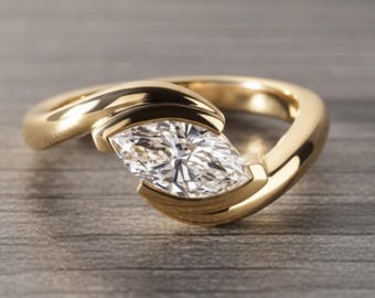1.00Ct Marquise Moissanite Wedding Ring, Solitaire Bypass Design, Sterling Silver & 14K Gold, Gift for Wife, Engagement or Anniversary