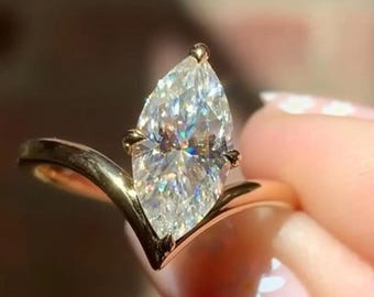Vintage V Shape Marquise Cut Moissanite Engagement Ring, 14k Yellow Gold Chevron Wedding Ring Band, Unique Solitaire Promise Ring for Women