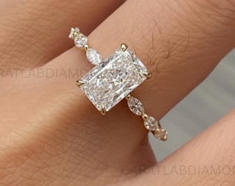 4 CT Radiant Cut Moissanite Engagement Ring – 14K Gold, Hidden Halo, Marquise Design – Wedding, Anniversary, Gift for Mom