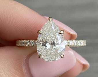 Solid Gold Pear Moissanite Engagement Ring, Tulip Flower Half Eternity Proposal Ring, Valentine's Day/ Anniversary/ Birthday Gift for Woman