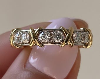 2mm Round Cut Moissanite Eternity Band, 14K Gold Two Tone X Band Wedding Ring, Unisex Engagement Ring