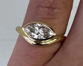 East West Marquise Cut Moissanite Engagement Ring, 14K Solid Gold Ring, Bezel Setting Ring, Solitaire Ring, Pinky Finger Ring, Gift For Mom