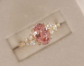 Pink Oval Moissanite Engagement Ring | 14K Solid Gold Solitaire with Side Accents | Unique Bridal Jewelry Gift for Her