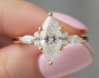 Vintage Marquise Moissanite Engagement Ring, 14k Solid Gold Wedding Band