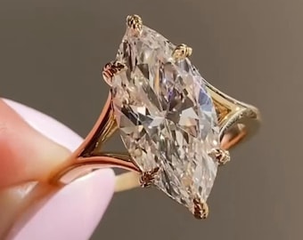 3.5 CT Marquise Cut Moissanite Engagement Ring 14k YellowGold Wedding Ring Unique Anniversary Ring Solitaire Ring for Her Prong Setting Ring