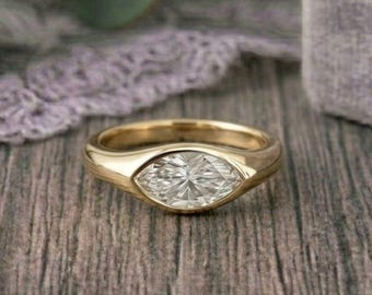 Vintage 1 Carat Marquise Moissanite Ring 14K Gold East West Set Engagement Ring Unique Antique Style Bridal Wedding Jewelry Gift for Her