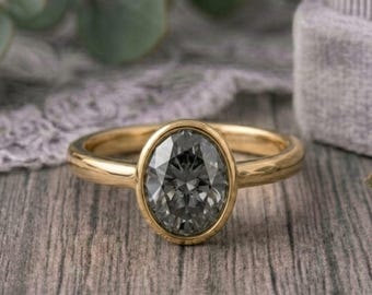 3CT Oval Gray Moissanite Engagement Ring, Bezel Set Solitaire Ring, Unique Alternative Wedding Ring, Anniversary Gift for Her